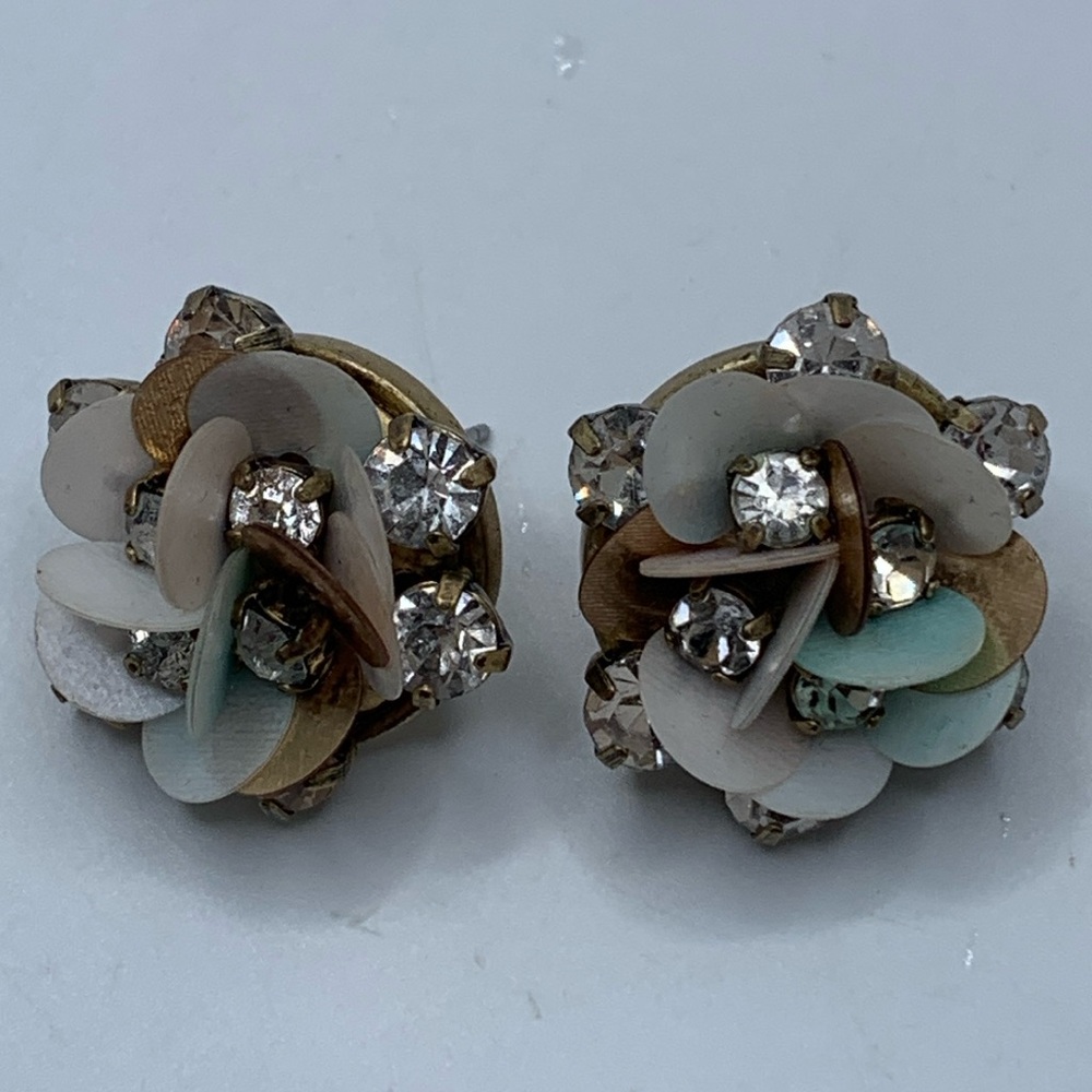 VTG Baublebar Floral Gold Tone Stud Earrings with Crystals. Signed. Unique